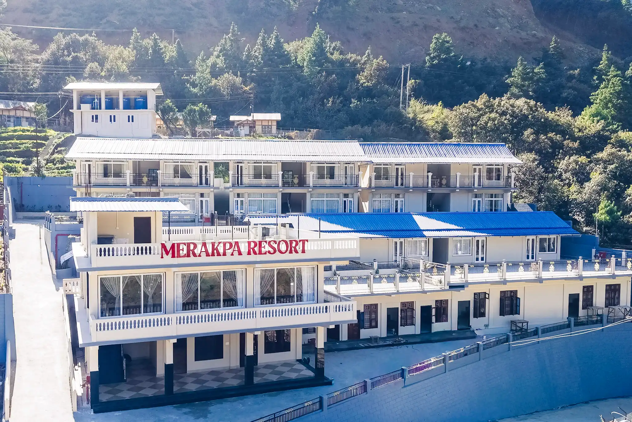 Aerial drone view of Merakpa Resort Dirang - Best Resort in Dirang Arunachal Pradesh